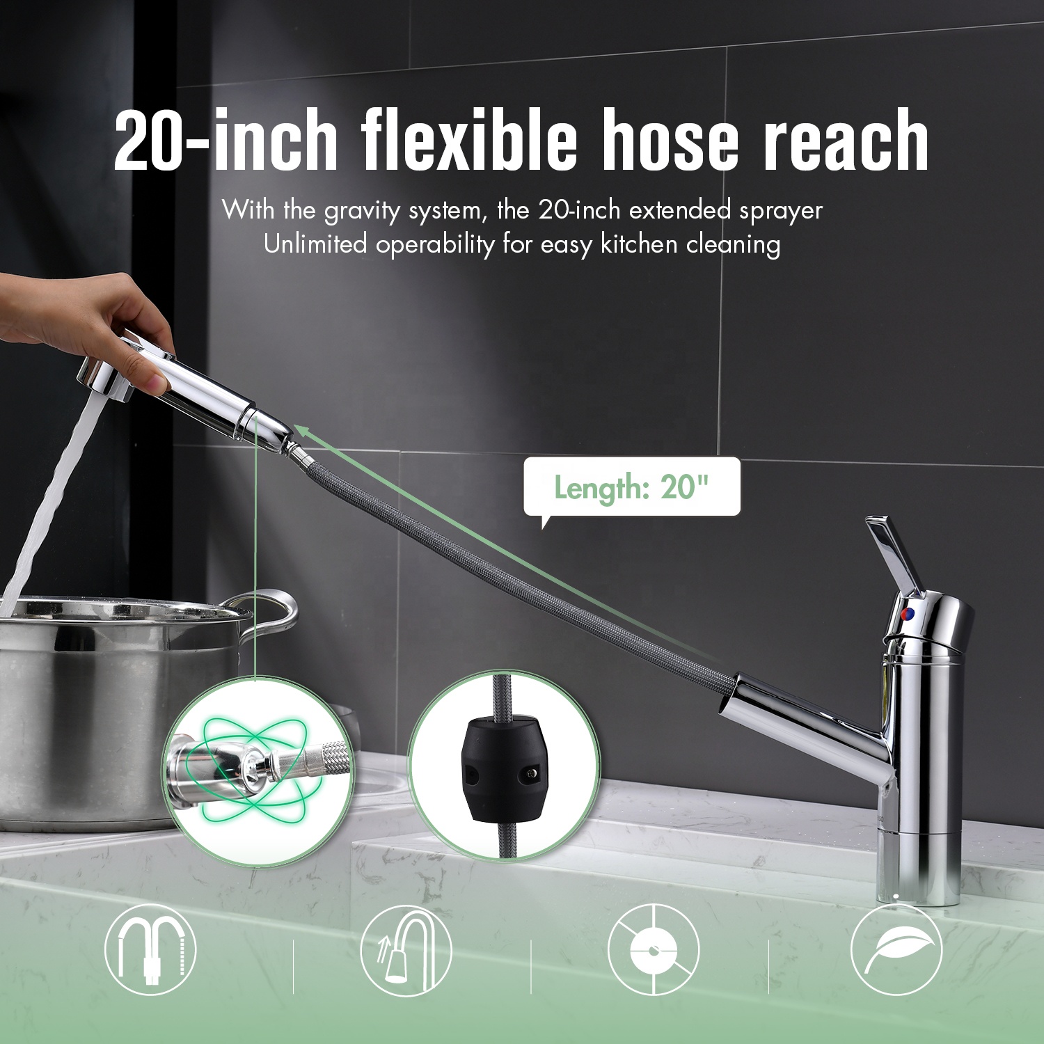 Chrom Wasserhahn Küchenarmatur Wasserhahnköpfe 360 ​​Grad drehbarer Spültischmischer ausziehbarer Küchenarmatur