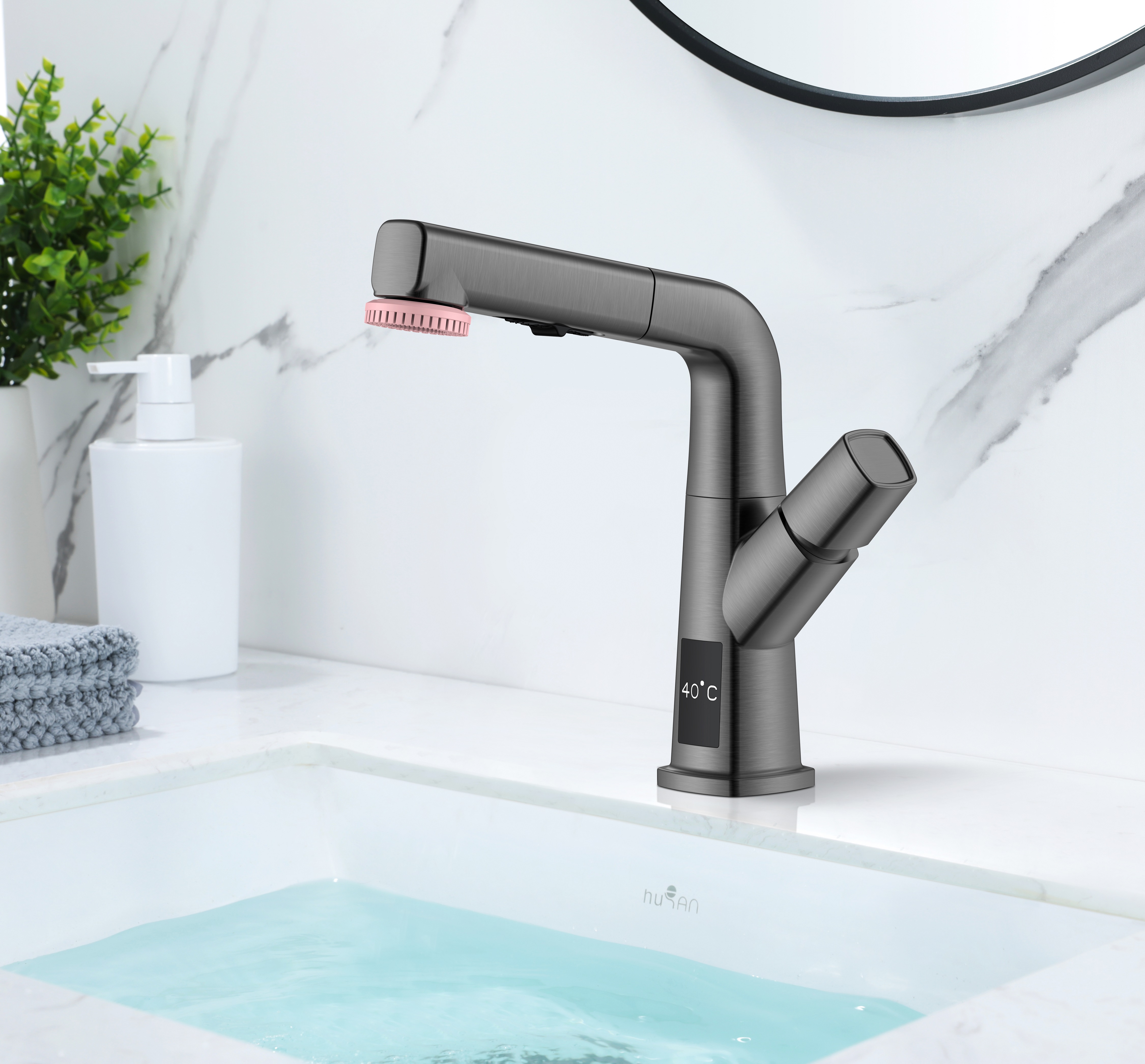 Schwarzer Edelstahl-Badezimmerhahn mit Temperaturanzeige, ausziehbarer Waschtischhahn