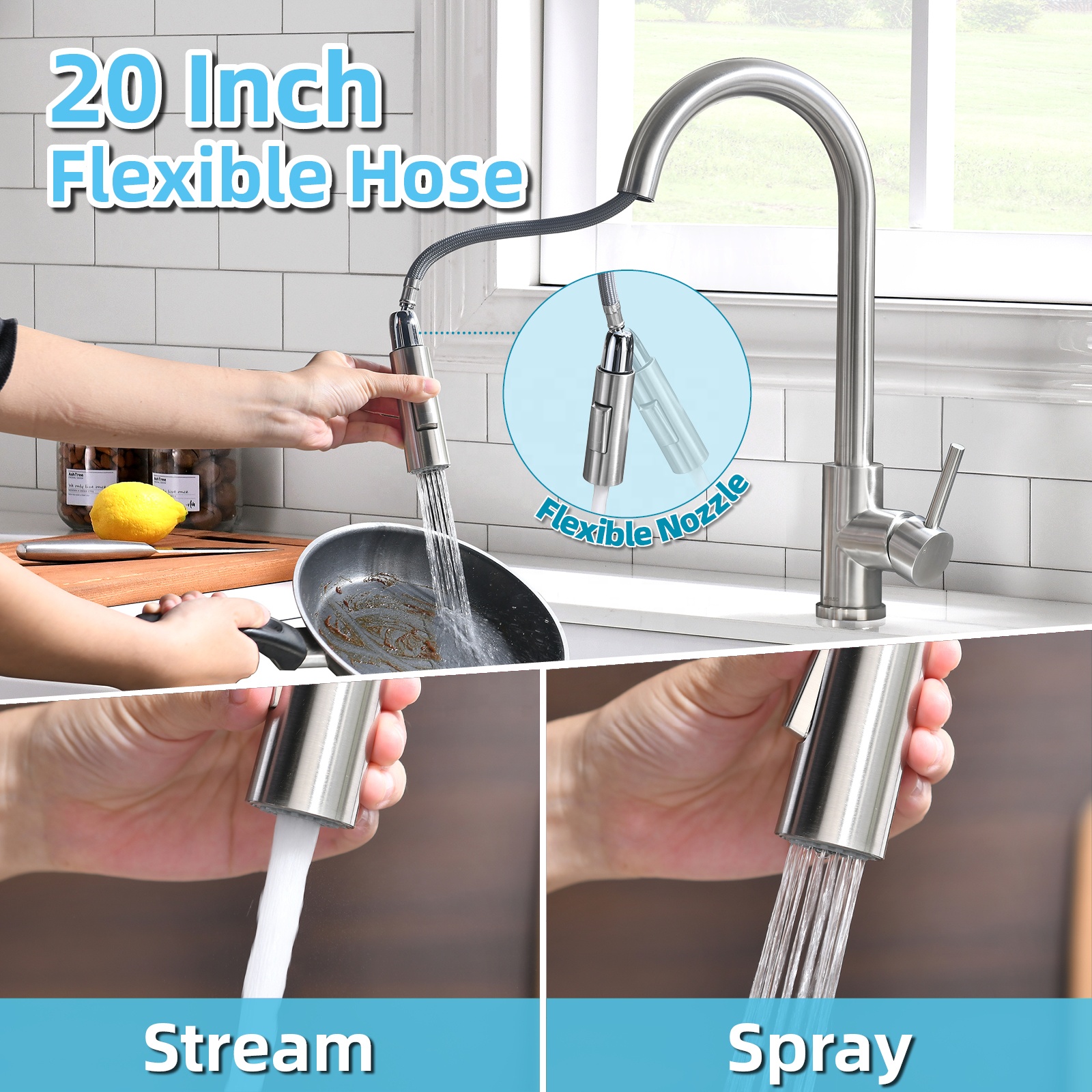 Wasserhahn Waschbecken Küche Messing gebürstet Küchenarmatur 304 Edelstahl Küchenarmatur